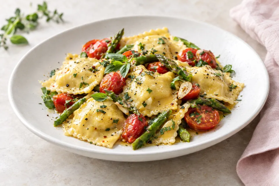 Ravioli with Tomatoes Asparagus Garlic and Herbs