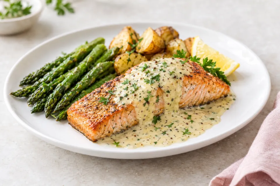 Pan Seared Salmon with Creamy Garlic Dijon Sauce