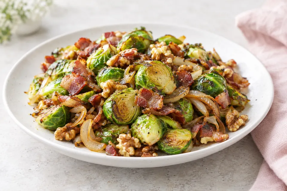 Sauteed Brussels Sprouts with Bacon Onions and Walnuts