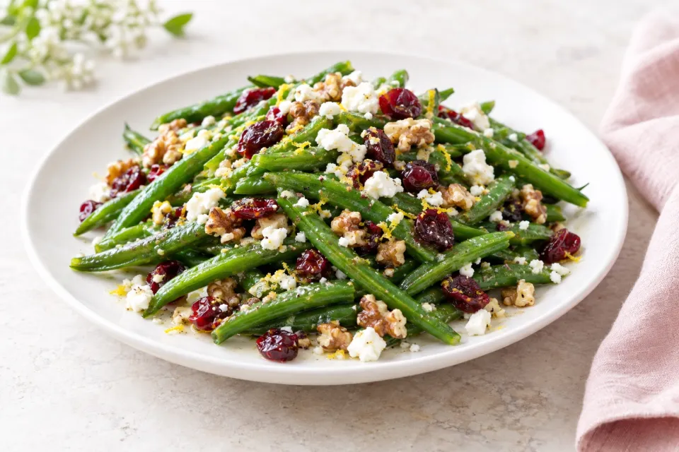 Lemon Butter Green Beans with Cranberries Walnuts and Feta