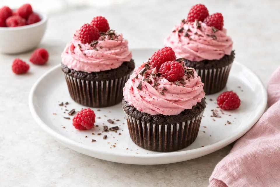 Dark Chocolate Cupcakes with Raspberry Buttercream Frosting