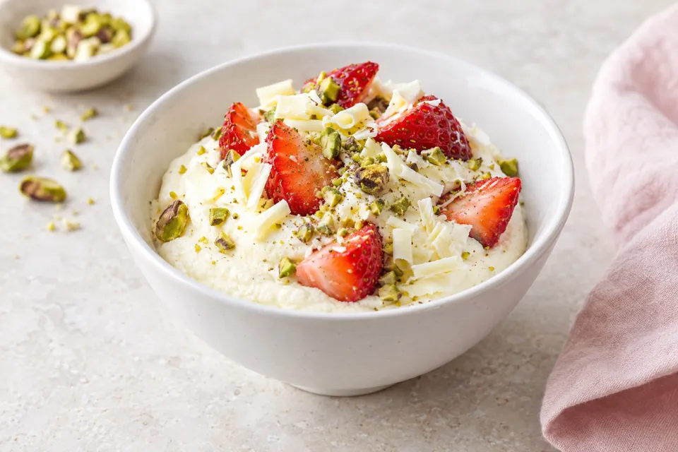 White Chocolate Mousse with Strawberries & Pistachios