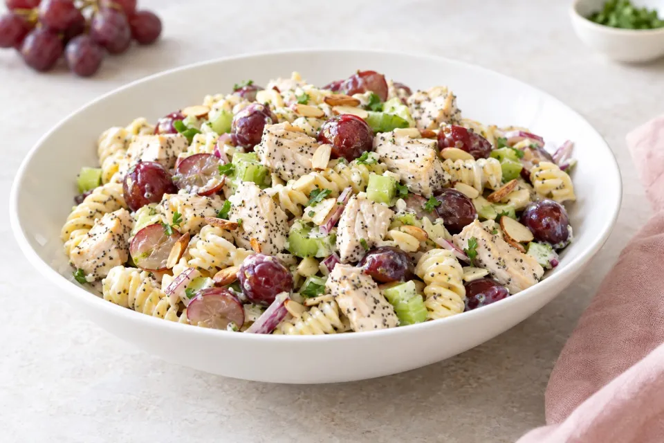 Poppy Seed Chicken and Grape Pasta Salad