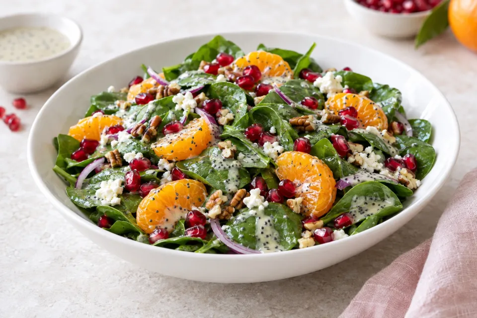 Mandarin Pomegranate Spinach Salad with Poppy Seed Dressing