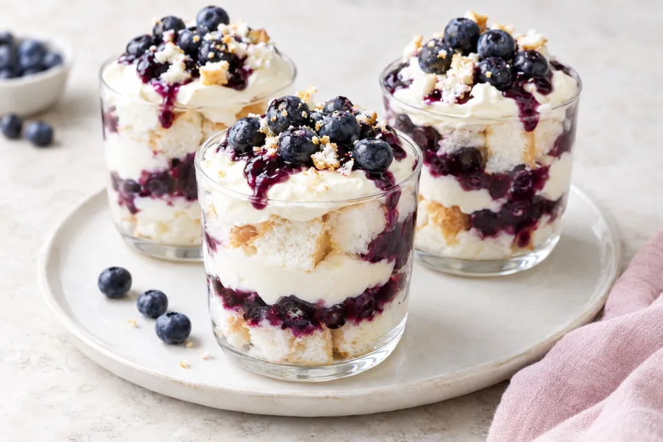 Angel Food Cake Trifles with Cheesecake Topping and Blueberry Sauce