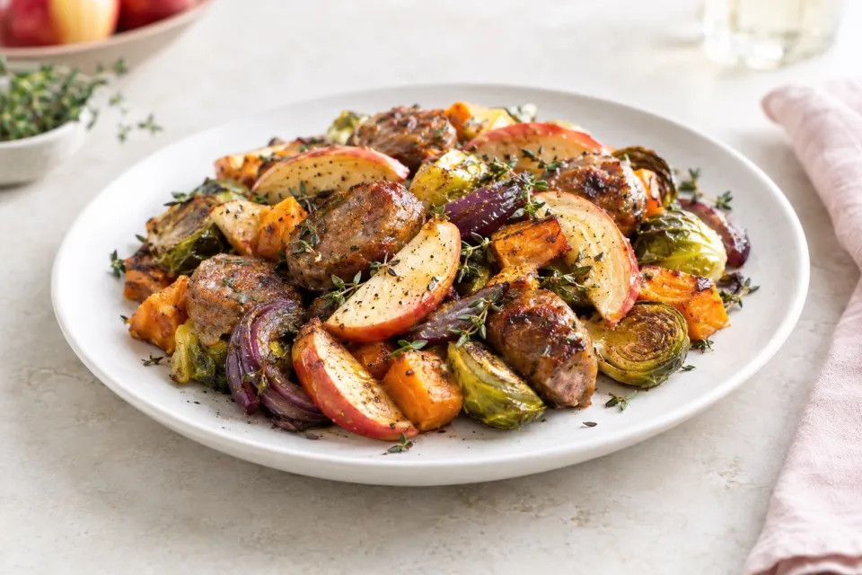 Autumn Sausage Veggie and Apple Sheet Pan Dinner