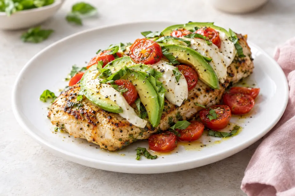Skillet Avocado Caprese Chicken