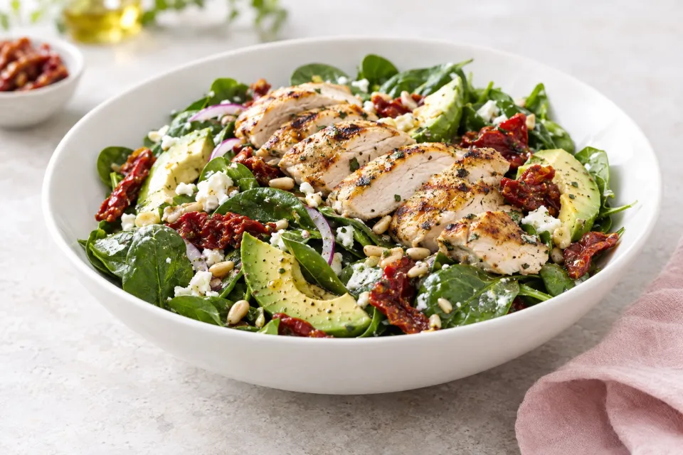 Grilled Chicken Sun Dried Tomato and Avocado Spinach Salad