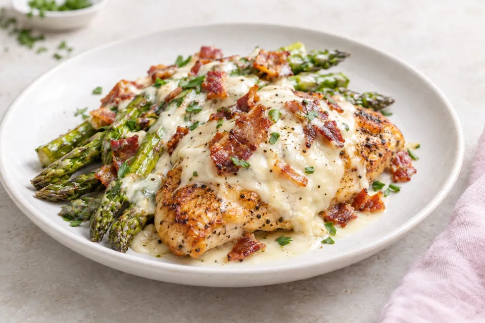 Skillet Chicken and Asparagus with Provolone Cheese Sauce and Bacon