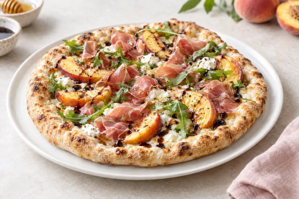 Peach & Prosciutto Pizza with Honey Balsamic Reduction