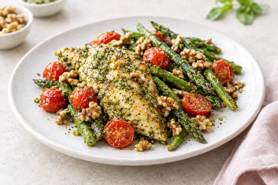 Sheet Pan Pesto Chicken with Asparagus Tomatoes and Walnuts