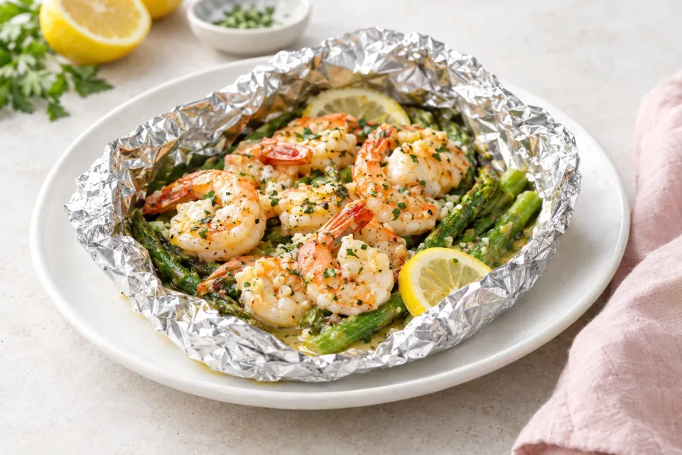 Shrimp and Asparagus Foil Packs with Garlic Lemon Butter Sauce
