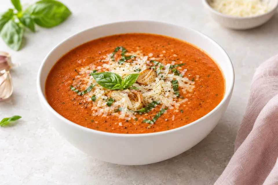 Creamy Tomato Basil Soup with Roasted Garlic and Asiago Cheese