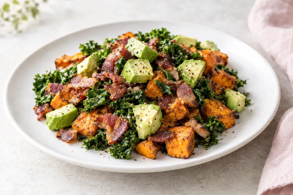 Sweet Potato Kale Bacon and Avocado Hash