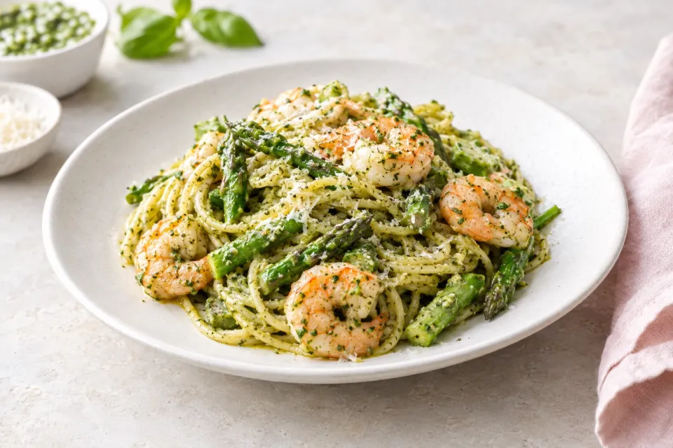 Shrimp Pesto Pasta with Asparagus
