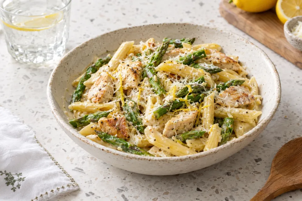 One-Pan Creamy Lemon Pasta with Chicken and Asparagus