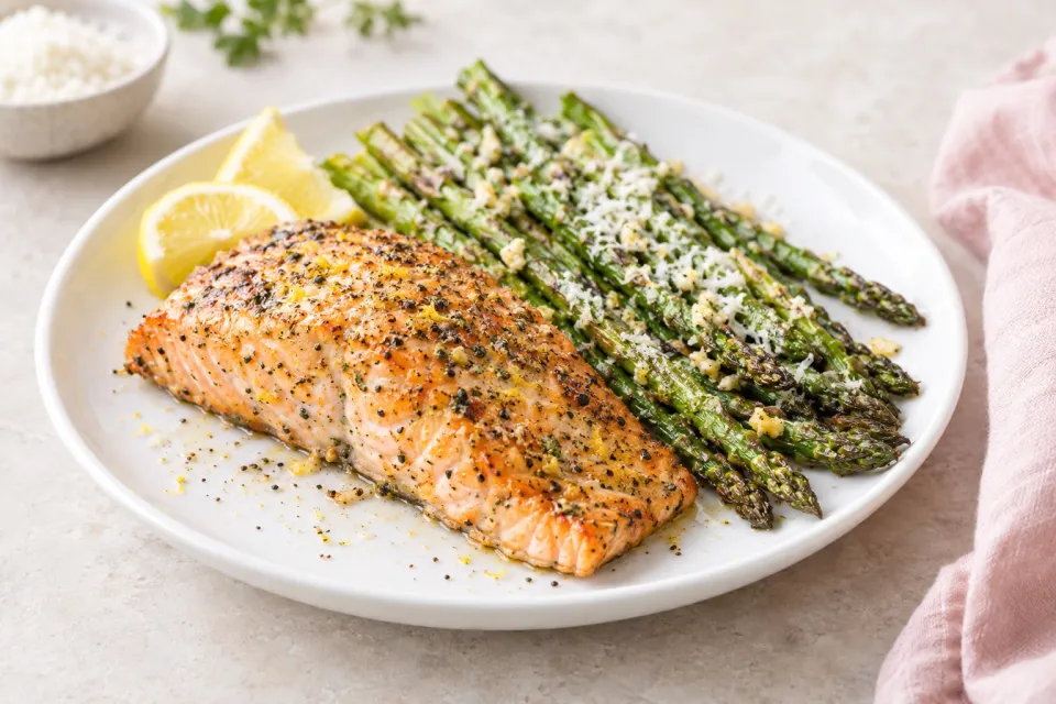 One Pan Roasted Lemon Pepper Salmon and Garlic Parmesan Asparagus