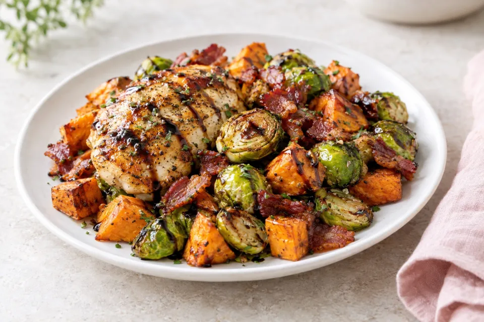 Sheet Pan Chicken Sweet Potatoes and Brussels Sprouts with Bacon and Balsamic Glaze