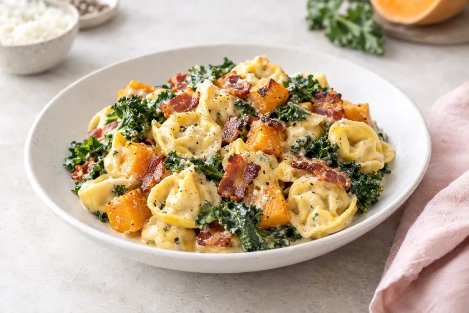 One Pan Creamy Tortellini with Butternut Squash Kale and Bacon