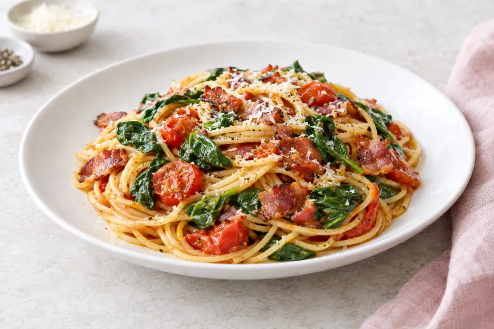 Bacon Tomato and Spinach Spaghetti