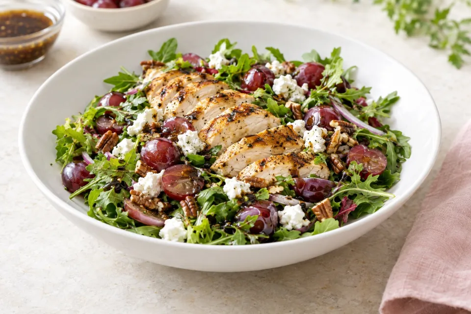 Grilled Chicken and Grape Spring Salad with Goat Cheese and Honey-Balsamic Dressing