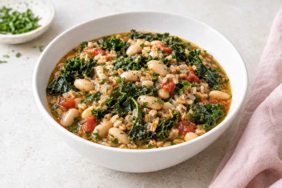 Mediterranean Kale, Cannellini and Farro Stew