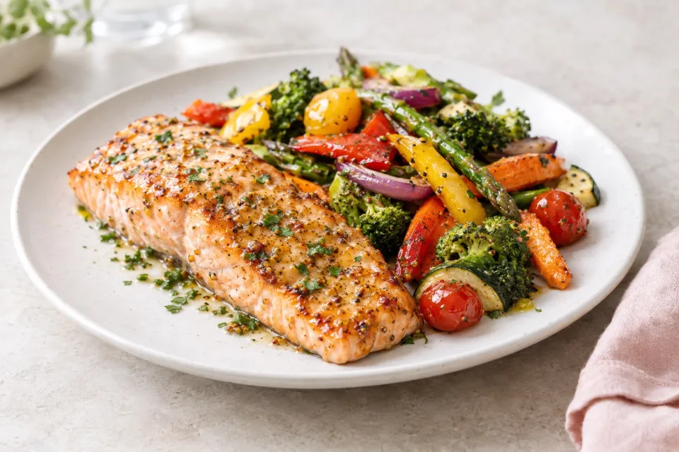 Sheet Pan Honey Mustard Salmon and Rainbow Veggies