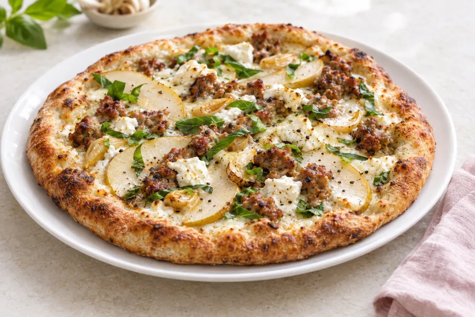 Pear Goat Cheese and Italian Sausage Pizza with Roasted Garlic and Fresh Basil