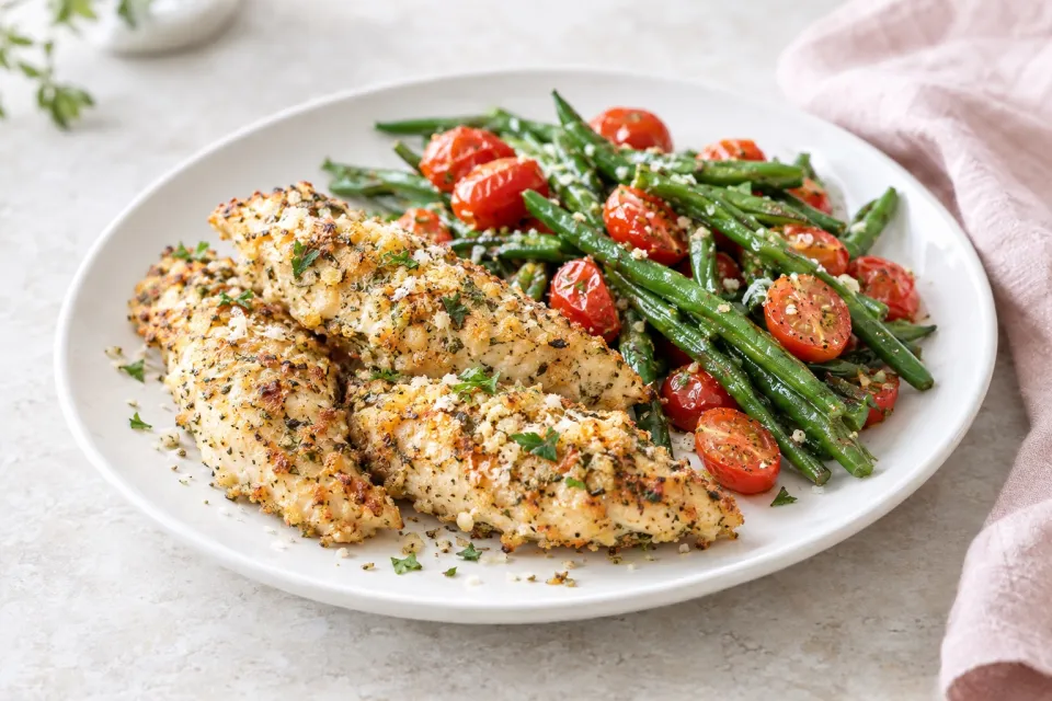 One Sheet Pan Roasted Garlic-Parmesan Chicken Tenders and Green Beans with Fresh Grape Tomatoes