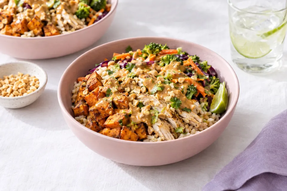 Chicken Veggie and Brown Rice Bowls with Peanut Sauce
