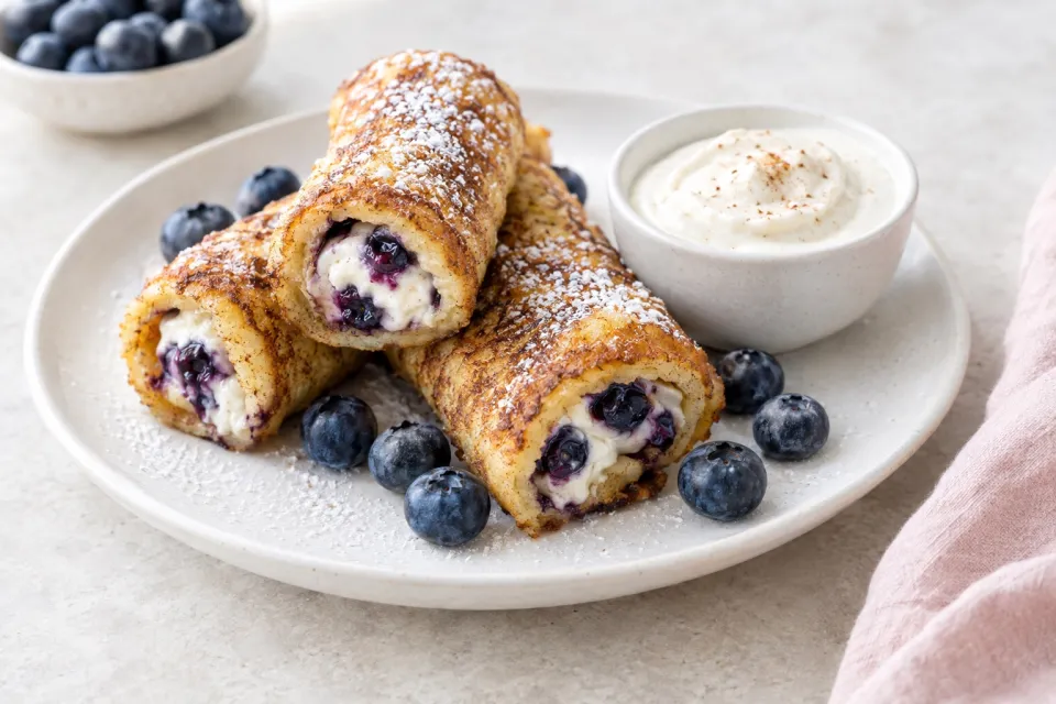 Blueberry French Toast Roll Ups with Cream Cheese Dipping Sauce