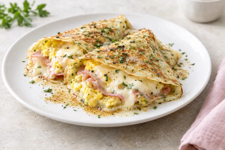 Herb Crepes with Eggs, Swiss, Ham and Browned Butter