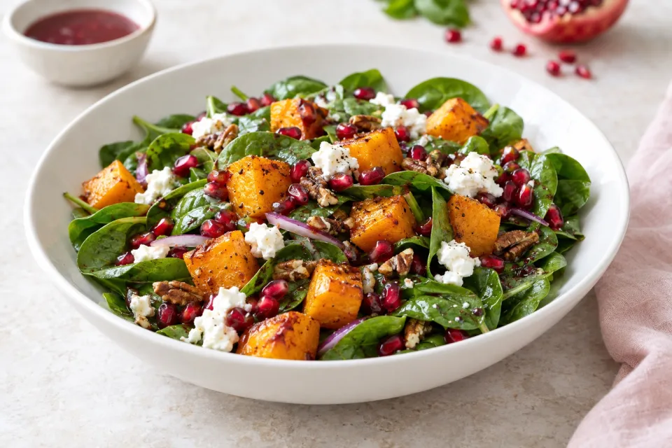Butternut Squash Pomegranate and Goat Cheese Spinach Salad with Red Wine Vinaigrette