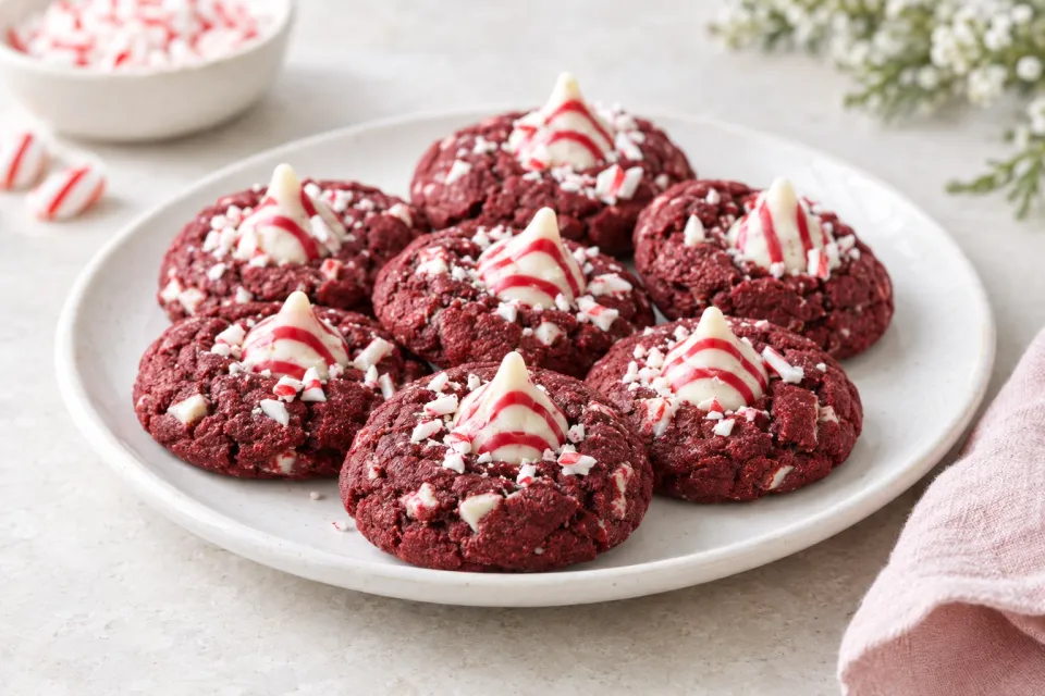 Peppermint Red Velvet Cookies with Peppermint Kisses