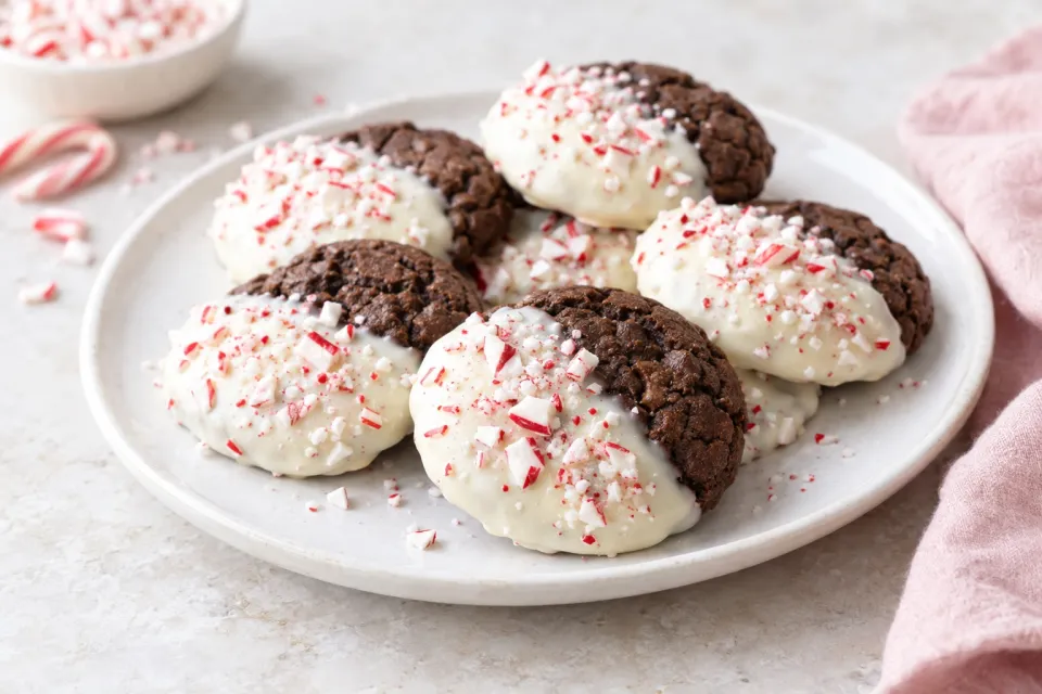White Chocolate Dipped Peppermint Chocolate Cookies