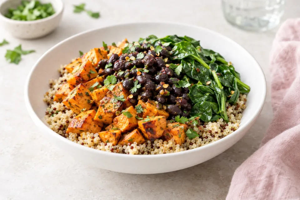 Quinoa Bowls with Sweet Potatoes, Black Beans, and Spinach