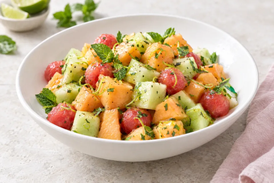 Melon Fruit Salad with Honey, Lime and Mint Dressing