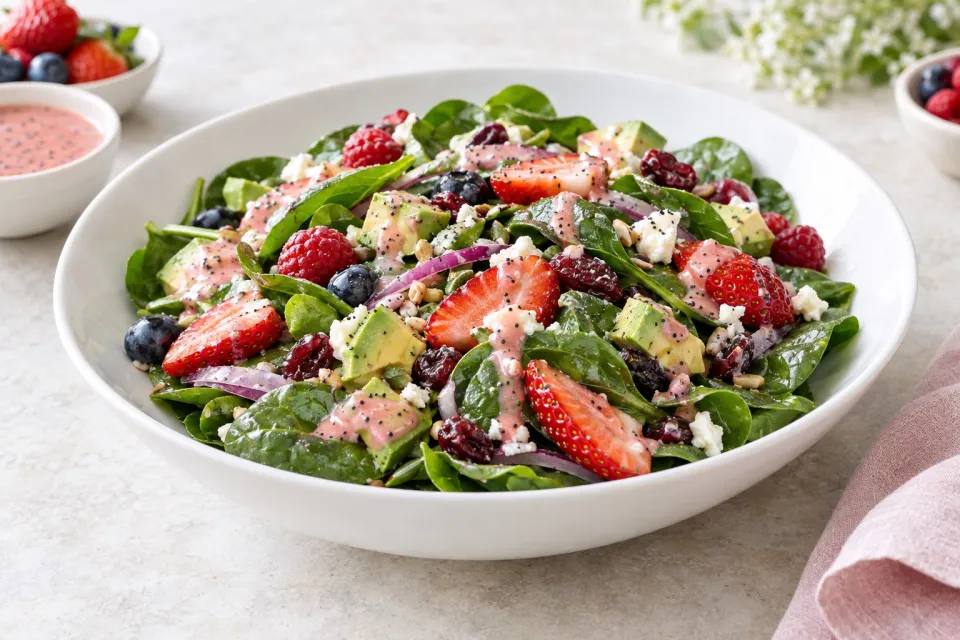 Red Berry & Avocado Spinach Salad with Strawberry Poppy Seed Dressing