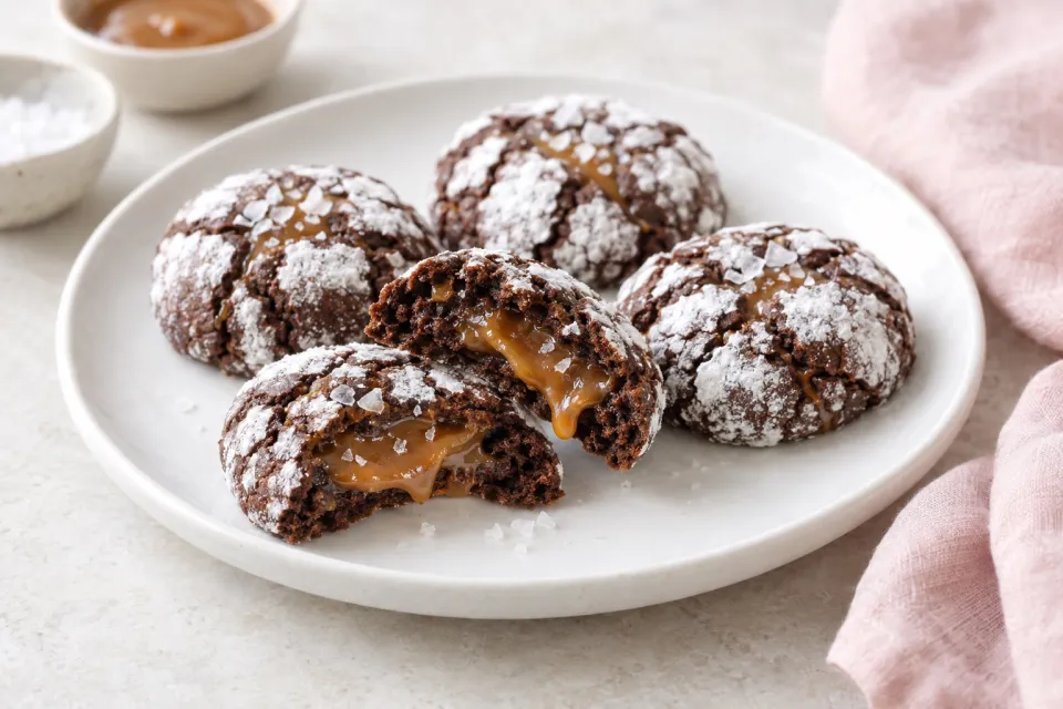 Salted Caramel Stuffed Chocolate Crinkle Cookies
