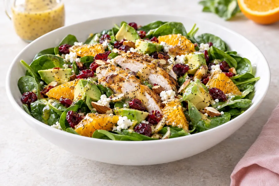 Cranberry Avocado Spinach Salad with Chicken and Orange Poppy Seed Dressing