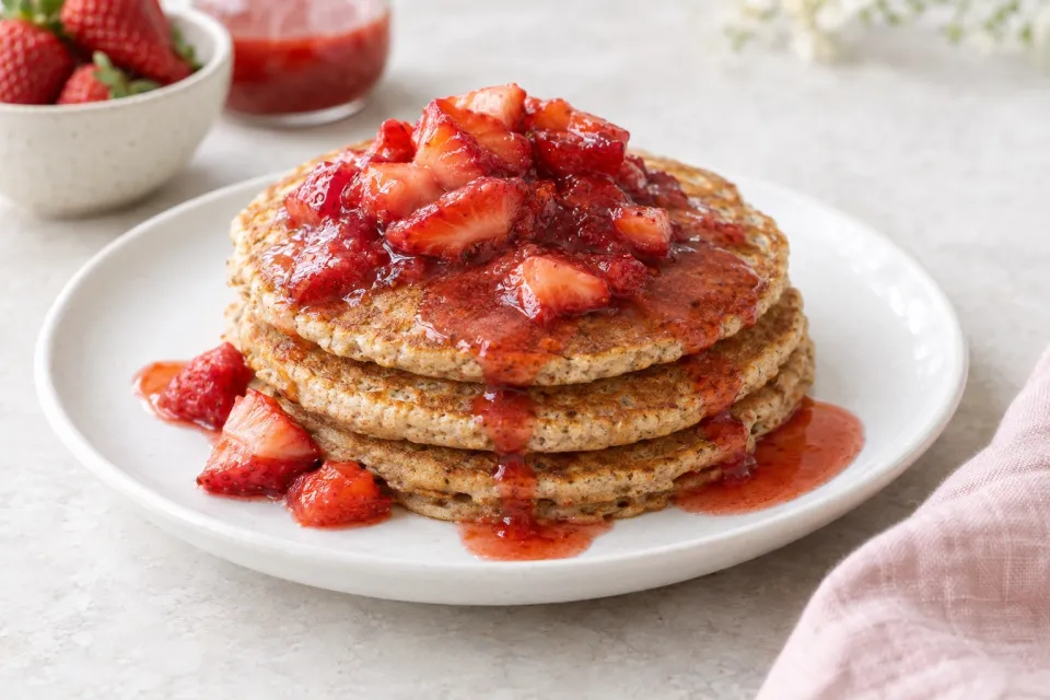 Whole Wheat Pancakes with Honey Sweetened Strawberry Syrup