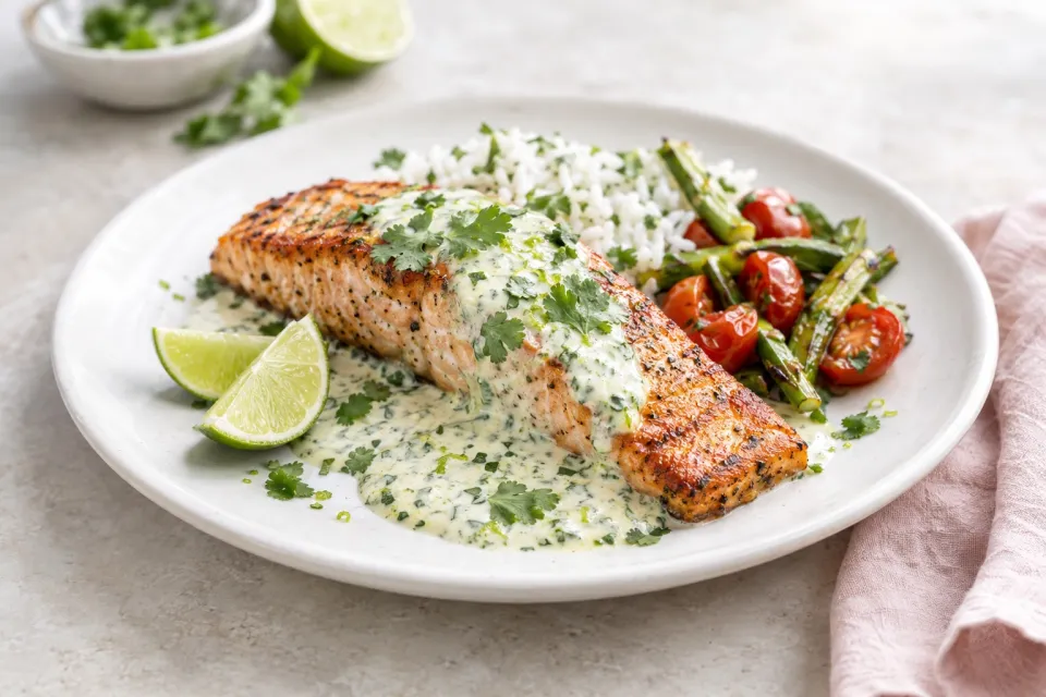 Skillet Seared Salmon with Creamy Cilantro Lime Sauce