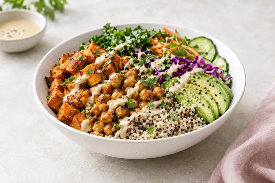 Sweet Potato and Chick Pea Buddha Bowls with Ginger Tahini Sauce