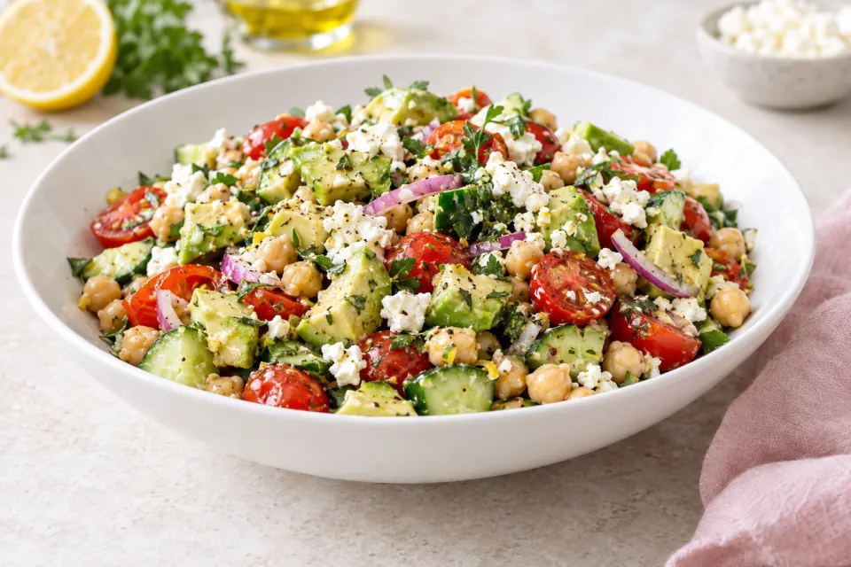 Tomato Avocado Cucumber Chick Pea Salad with Feta and Greek Lemon Dressing