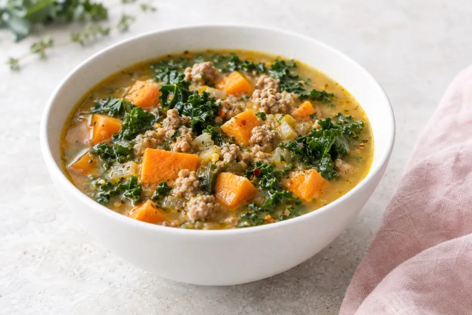 Turkey Sausage, Kale and Sweet Potato Soup