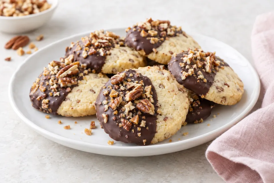 Chocolate Dipped Toffee Pecan Shortbread Cookies