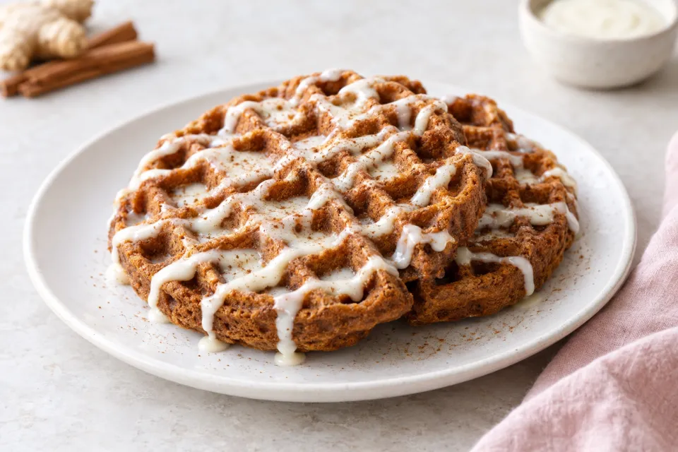 Gingerbread Waffles with Cream Cheese Glaze