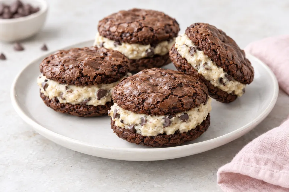 Brownie Sandwich Cookies with Chocolate Chip Cookie Dough Frosting