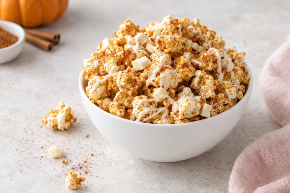 Pumpkin Pie Spice Popcorn with White Chocolate