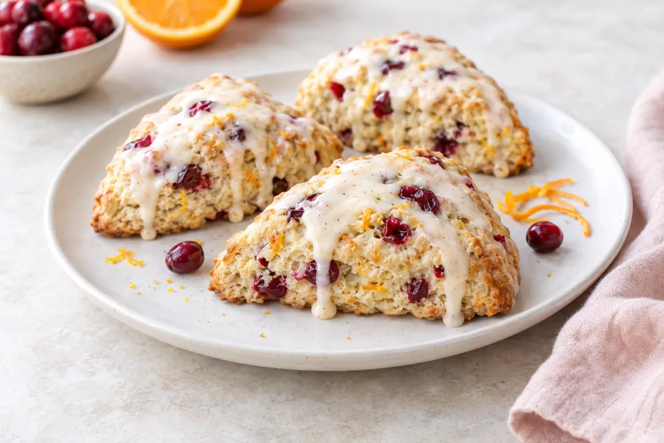 Cranberry Orange Scones with Vanilla Cream Glaze
